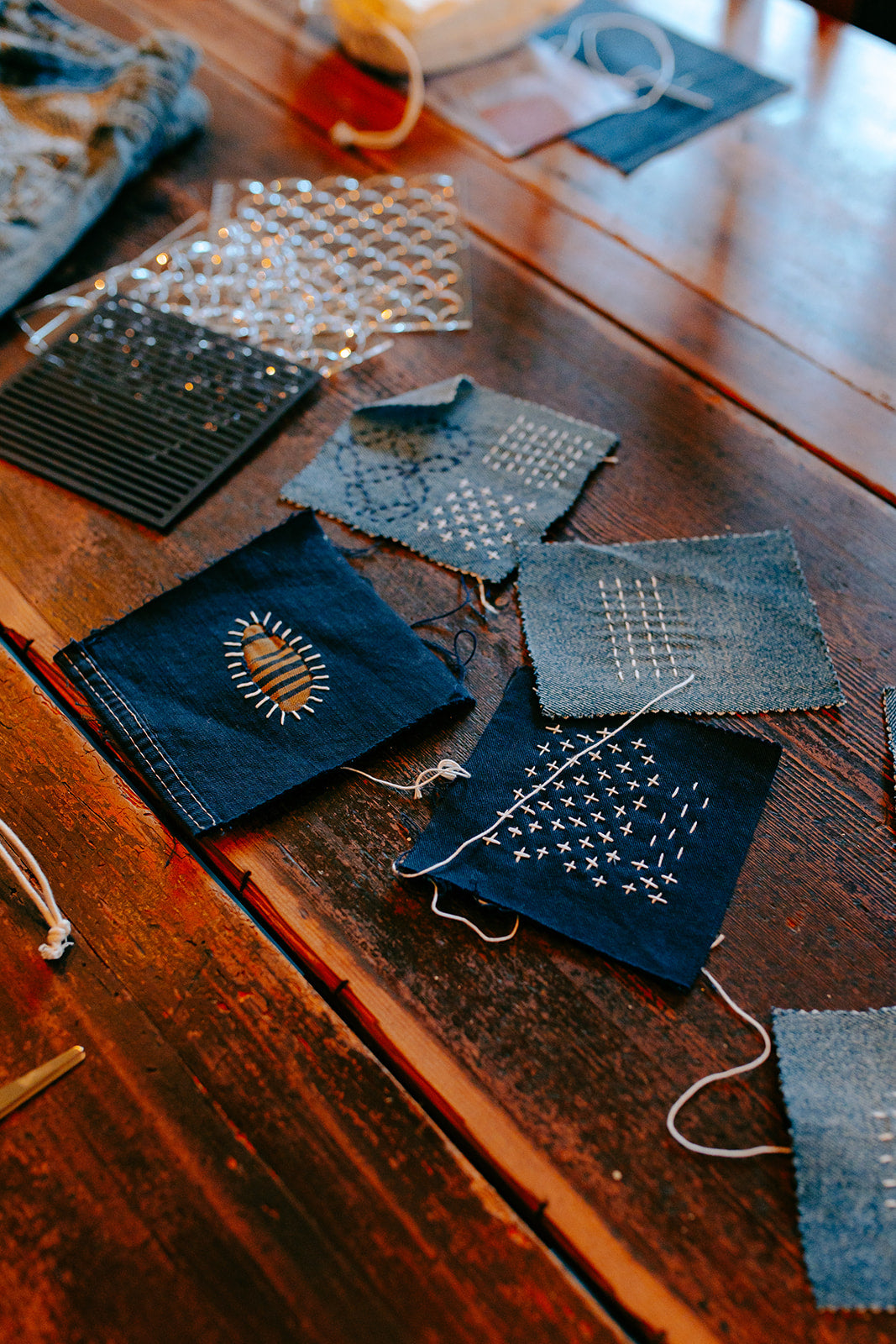 sashiko samplers for visible mending workshop in frome