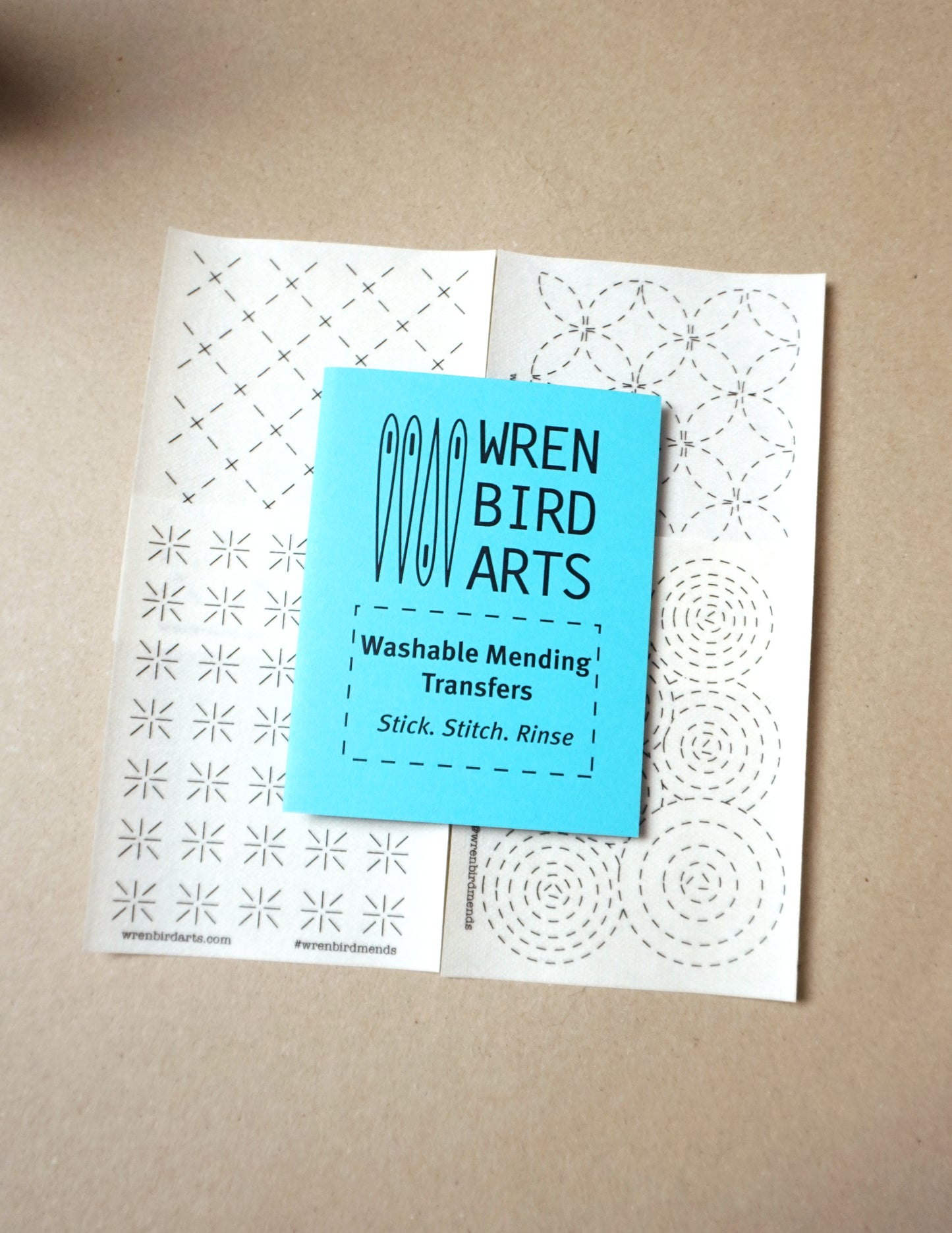 Wren Bird Arts washable mending transfers for sashiko blue pack