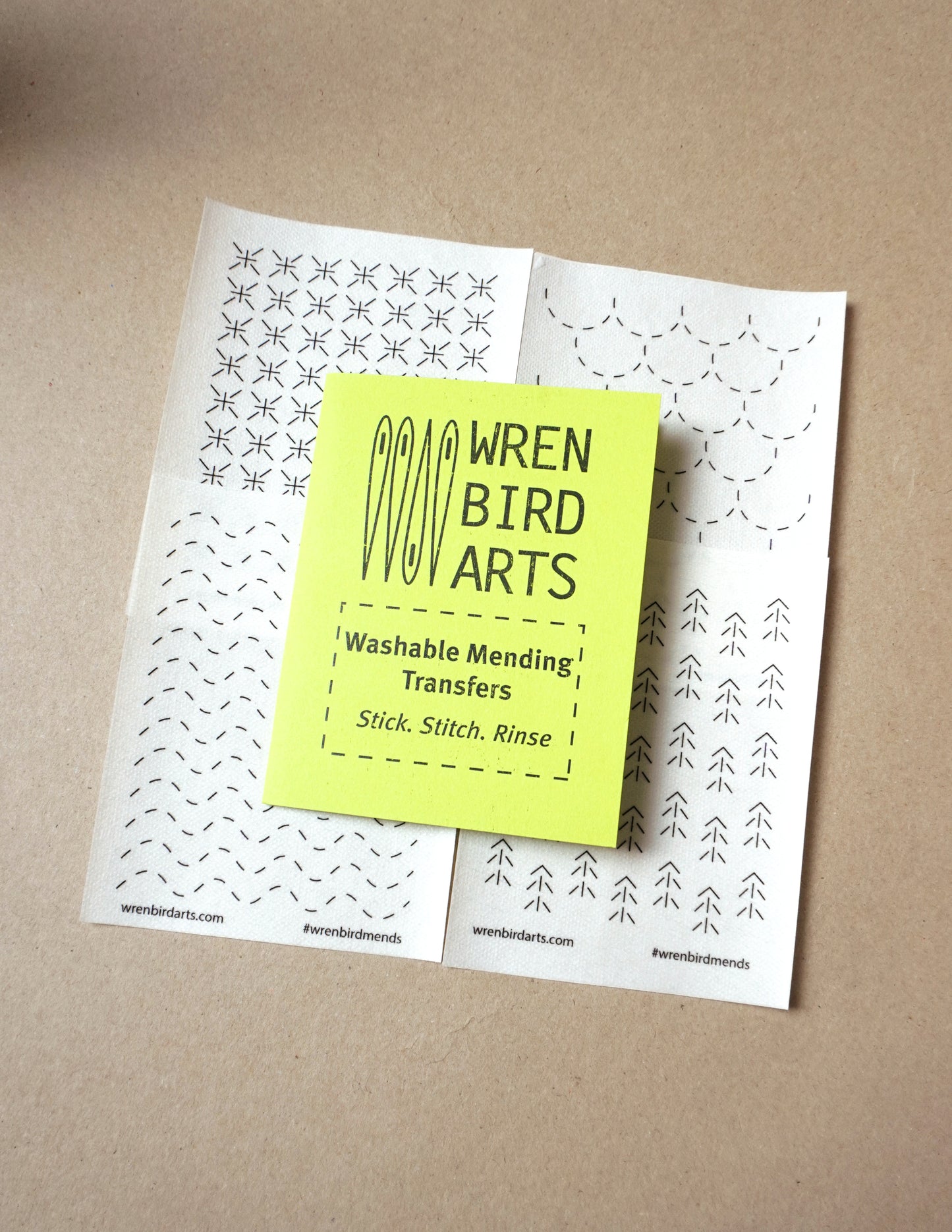 Wren Bird Arts washable mending transfers for sashiko neon green pack