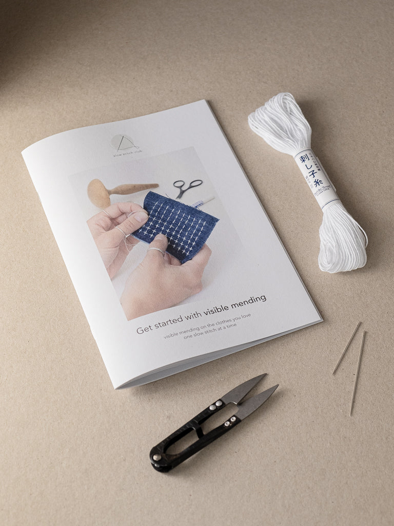 visible mending starter kit with sashiko thread and darning needles and thread snips