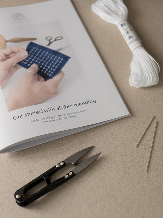visible mending starter kit with sashiko thread and darning needles and thread snips