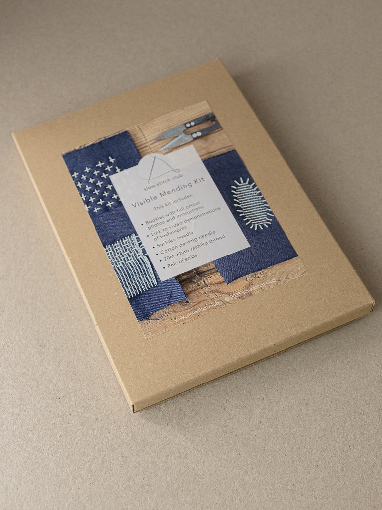 visible mending starter kit with sashiko thread and darning needles and thread snips
