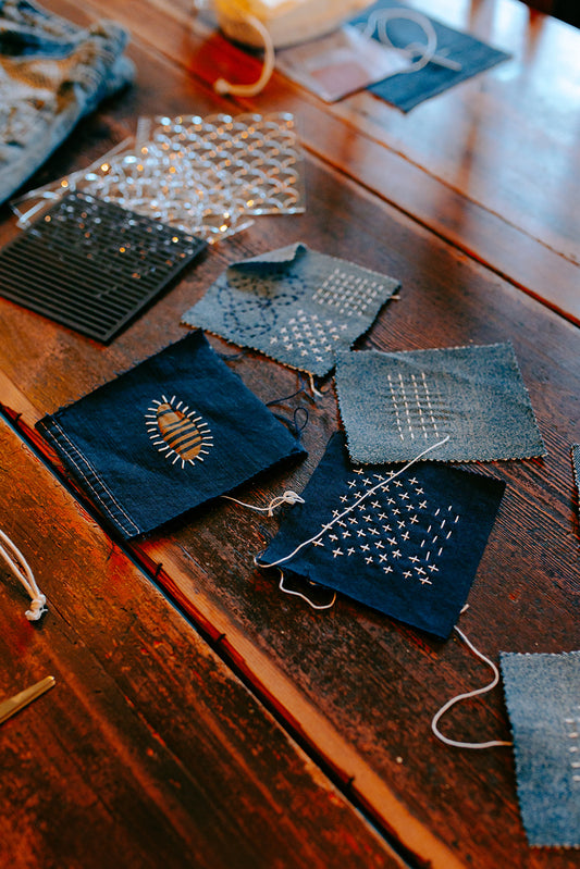 sashiko samplers for visible mending workshop in frome