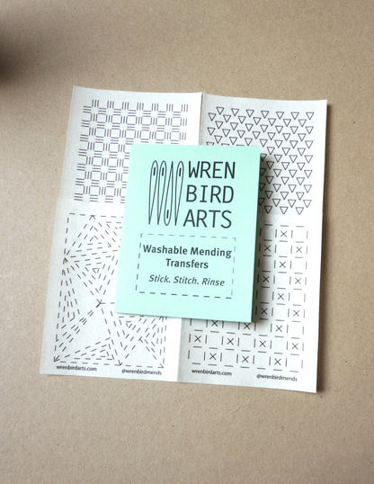 Wren Bird Arts washable mending transfers for sashiko mint green pack
