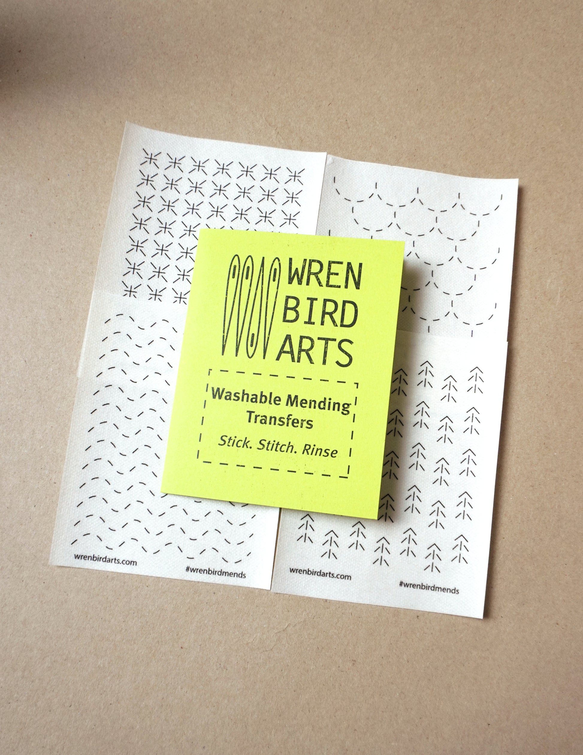 Wren Bird Arts washable mending transfers for sashiko neon green pack